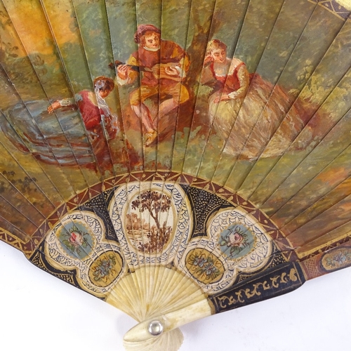 39 - A 19th century Vernis Martin style fan, hand painted romantic and landscape scenes with intricate fl... 