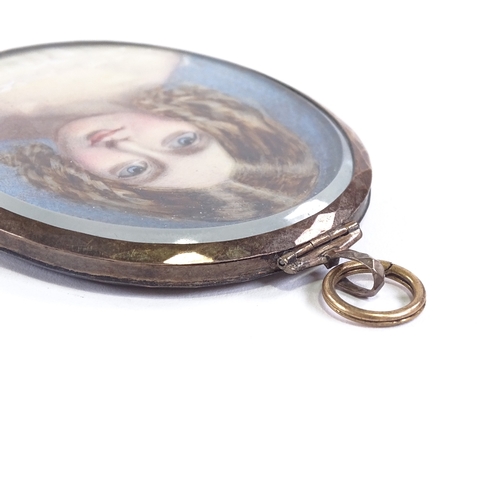 8 - A 19th century portrait minature of a girl, watercolour on ivory, in a hinged white metal oval penda... 
