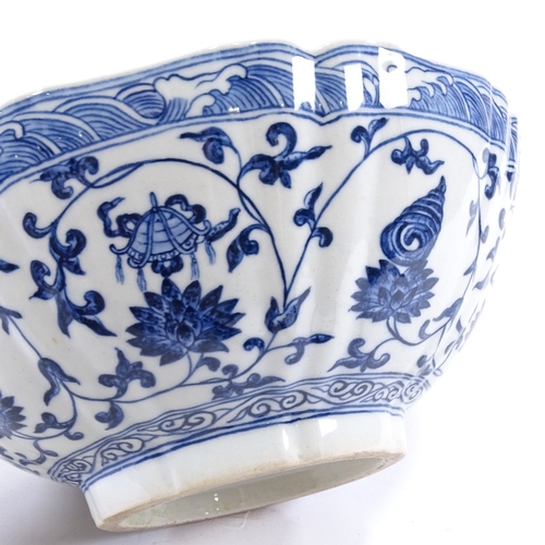 103 - A Chinese blue and white porcelain bowl, hand painted decoration, diameter 25cm, on hardwood stand