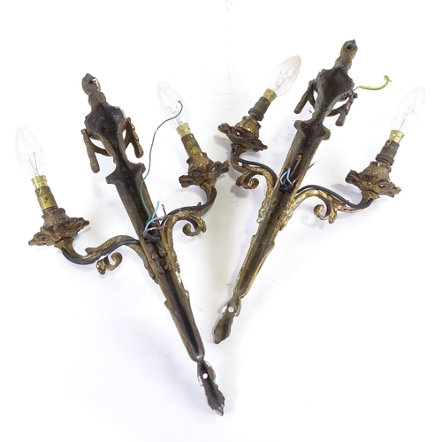 104 - A pair of gilt-brass Adam style twin-branch wall light fittings, circa 1900, height 40cm