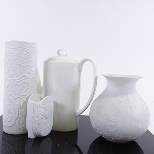 105 - 3 bisque white porcelain vases, 2 marked Kaiser W.Germany, and a gloss porcelain coffee pot, tallest... 