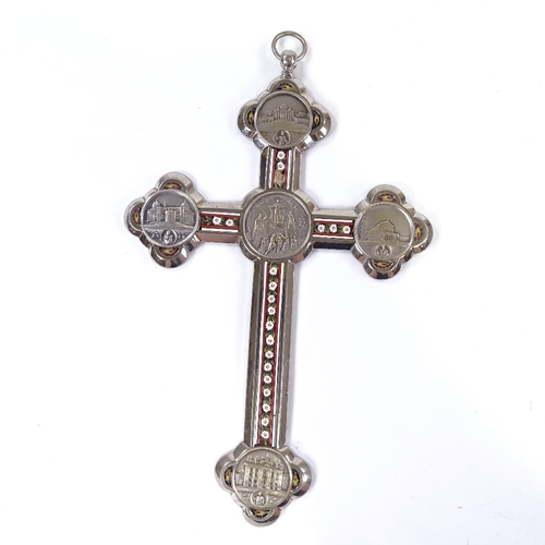 124 - A white metal cross, with micro mosaic inserts and Vatican panels, height 19cm.