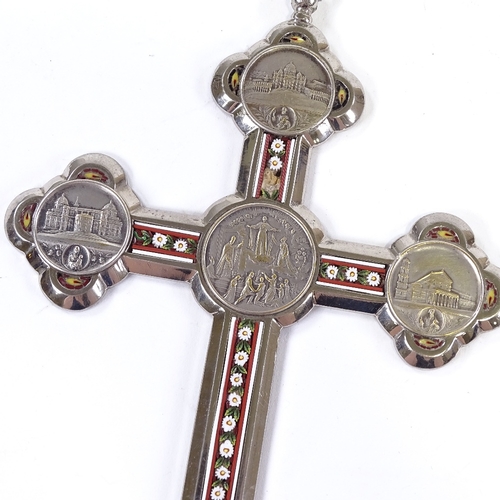 124 - A white metal cross, with micro mosaic inserts and Vatican panels, height 19cm.