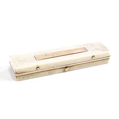 125 - A Georgian ivory toothpick case, with unmarked gold mounts and hidden hair panel, length 9cm.