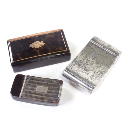 127 - 3 19th century snuff boxes, white metal with masonic motifs, and two tortoishell boxes.