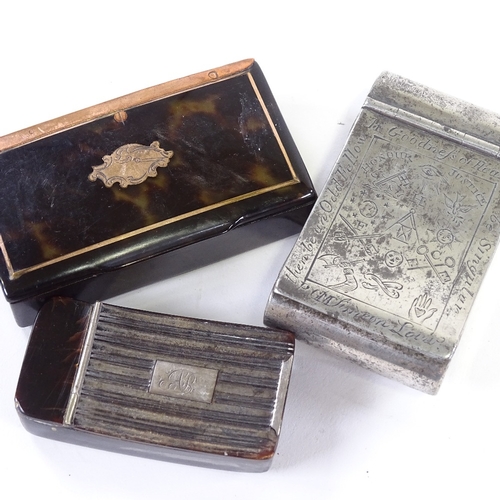 127 - 3 19th century snuff boxes, white metal with masonic motifs, and two tortoishell boxes.