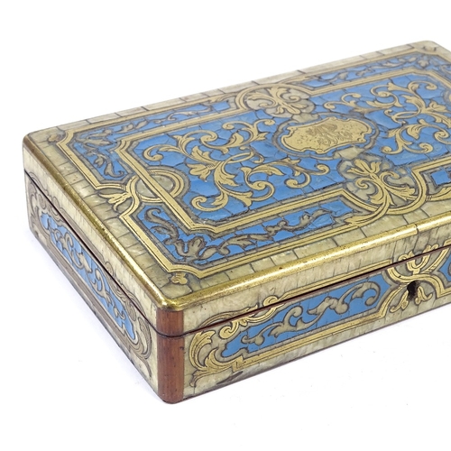 133 - A mid 19th century Boulle sewing box, with mother of pearl and blue enamel fill and implements to in... 