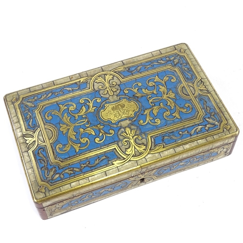 133 - A mid 19th century Boulle sewing box, with mother of pearl and blue enamel fill and implements to in... 