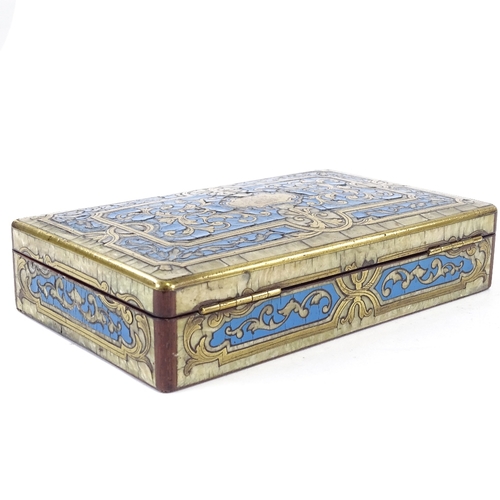 133 - A mid 19th century Boulle sewing box, with mother of pearl and blue enamel fill and implements to in... 