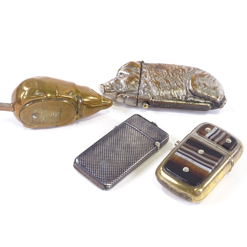 49 - 4 Silver and metal vesta cases, French silver niello, a pig, a mouse and an agate panelled case.