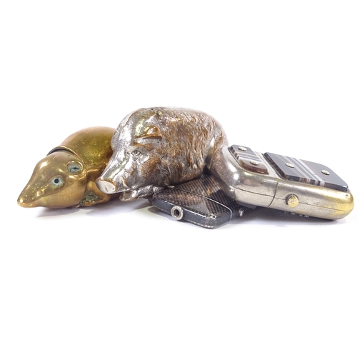 49 - 4 Silver and metal vesta cases, French silver niello, a pig, a mouse and an agate panelled case.