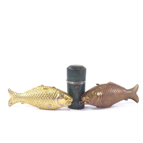 50 - A brass fish sewing etui, with fitted interior, another fish case and an early 19th century shagreen... 
