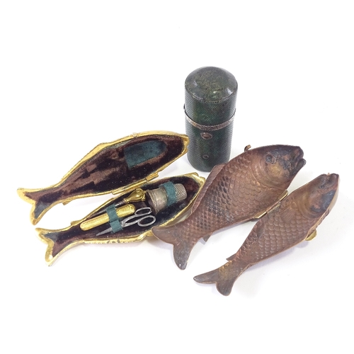 50 - A brass fish sewing etui, with fitted interior, another fish case and an early 19th century shagreen... 