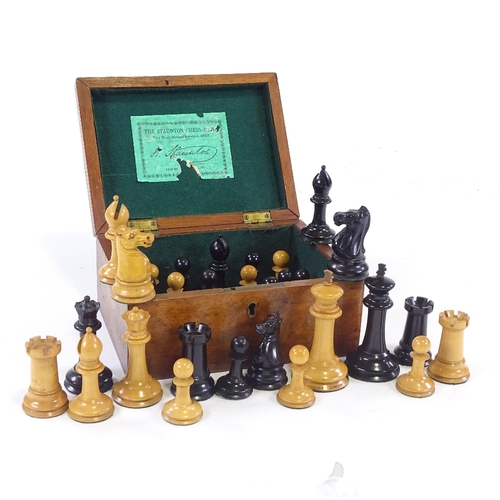 51 - Jaques & Son Staunton pattern weighted chess set, in original mahogany box with original green label... 