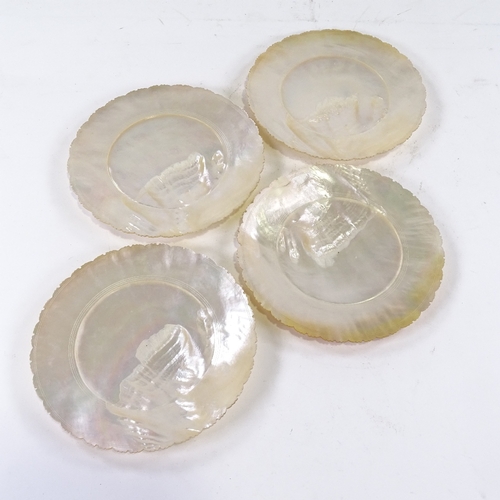 54 - Set of 4 Chinese carved mother of pearl dishes, with serrated edges and ring detail, diameter 18.5cm... 