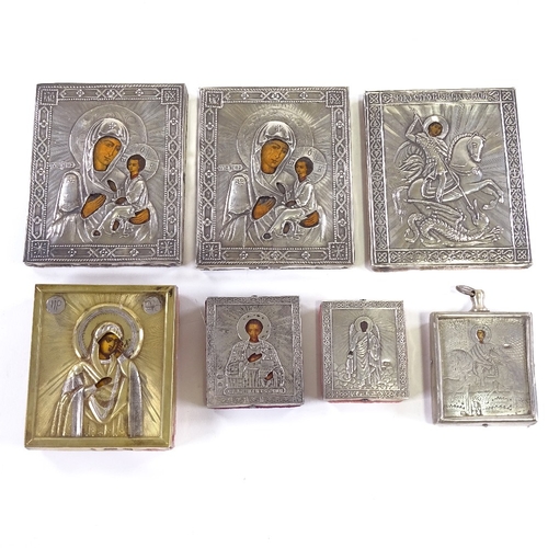 63 - 7 Russian silver mounted minature icons', 4 have hallmarks dating to late 19th century, largest 8.5c... 