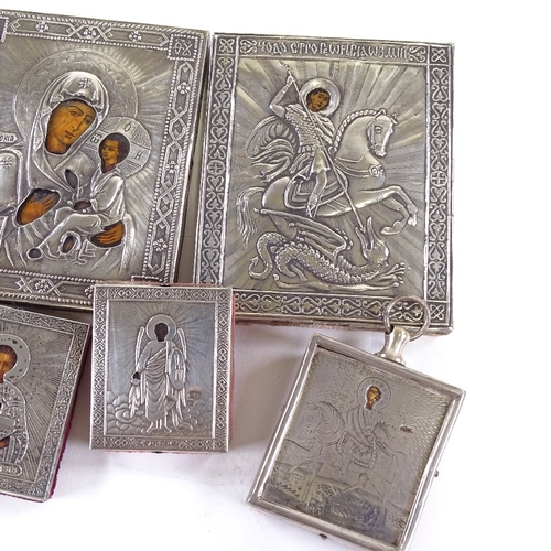 63 - 7 Russian silver mounted minature icons', 4 have hallmarks dating to late 19th century, largest 8.5c... 