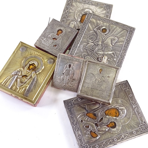 63 - 7 Russian silver mounted minature icons', 4 have hallmarks dating to late 19th century, largest 8.5c... 