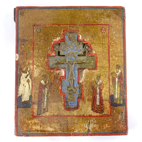 65 - A 19th century Russian relief cast brass and enamel icon crucifix, set in painted and gilded icon wo... 