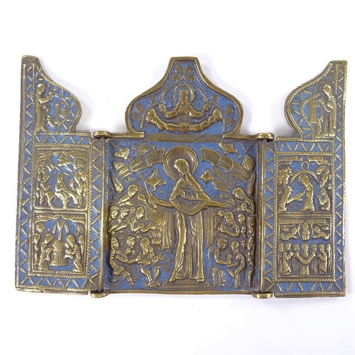 67 - A Russian relief cast bronze triptych icon with blue enamel decoration, height 10cm