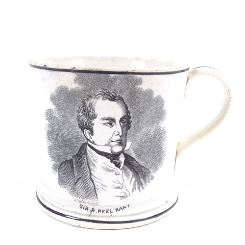 74 - A 19th century transfer-printed commemorative mug, circa 1840, depicting Sir Robert Peel of Drayton ... 