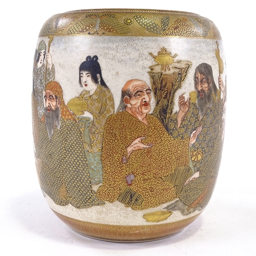 76 - A Japanese Meiji period Satsuma jar and cover, hand painted and gilded group of figures, signed unde... 