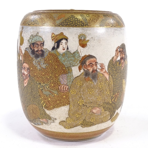 76 - A Japanese Meiji period Satsuma jar and cover, hand painted and gilded group of figures, signed unde... 