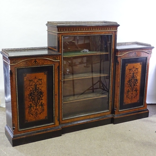 108 - A Victorian walnut and ebonised breakfront cabinet, with marquetry inlay, brass gallery and mounts, ... 