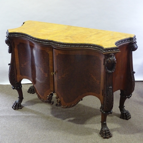 114 - A mahogany commode with faux marble top, with serpentine front and 3 slides to interior, heavily car... 