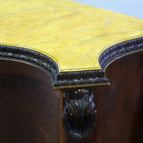 114 - A mahogany commode with faux marble top, with serpentine front and 3 slides to interior, heavily car... 