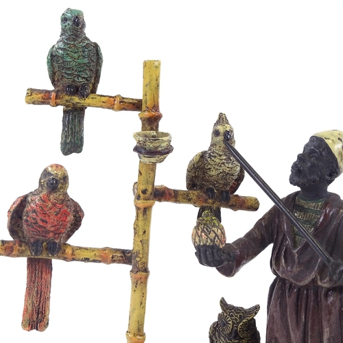 46 - A Franz Bergmann style Vienna cold painted bronze, North African man with parrots, monkey and owl, h... 