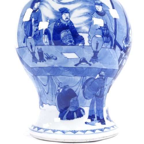 25 - An antique Chinese blue and white bulbous vase, with hand painted court scene, possibly Kangxi, heig... 