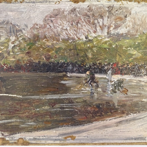 1242 - Ismael Gentz, oil on canvas laid on board, ice skaters on a lake, inscribed verso, 5