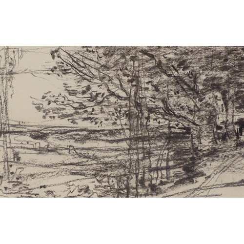 1243 - J Frank Currier (American), charcoal sketch, Bavarian landscape, circa 1880, signed with monogram, 5... 