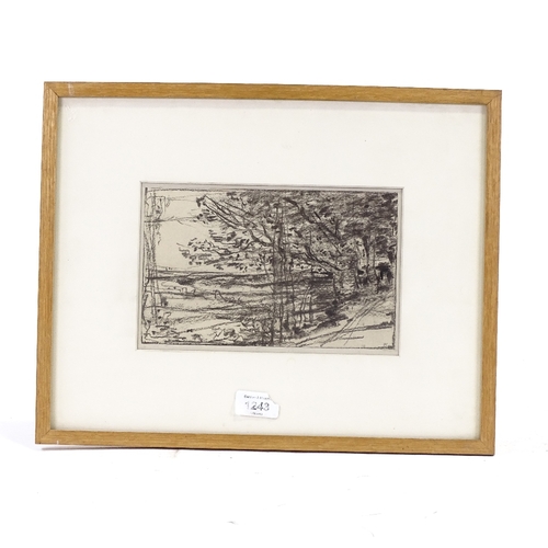 1243 - J Frank Currier (American), charcoal sketch, Bavarian landscape, circa 1880, signed with monogram, 5... 