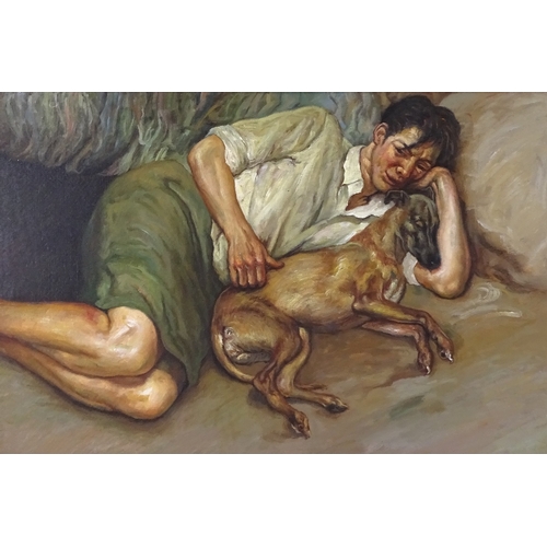 1253 - After Lucian Freud, modern oil on board, boy with a dog, unsigned, 20