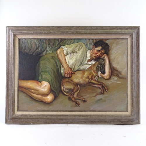 1253 - After Lucian Freud, modern oil on board, boy with a dog, unsigned, 20