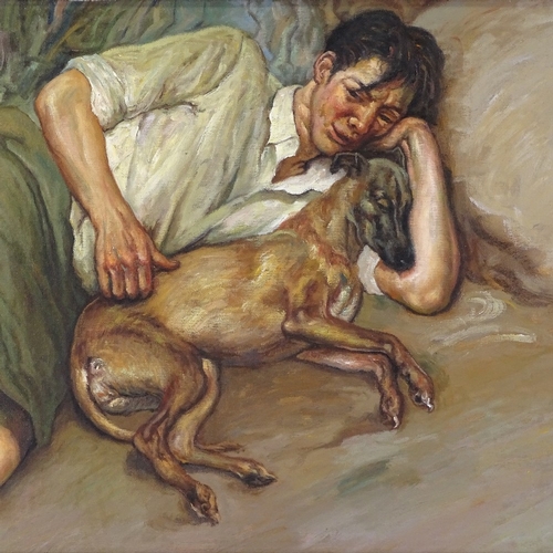 1253 - After Lucian Freud, modern oil on board, boy with a dog, unsigned, 20