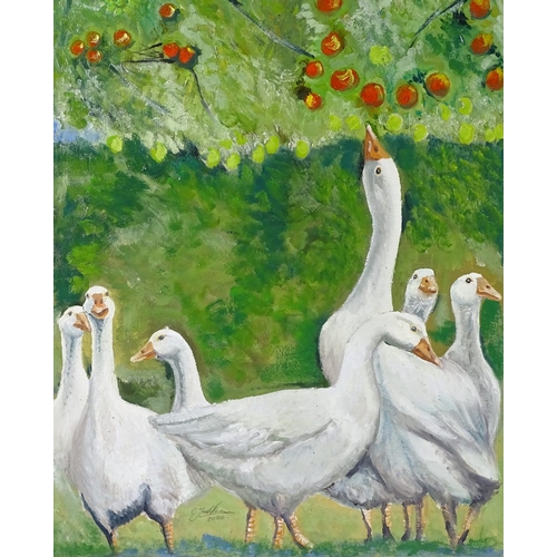 1255 - Clive Fredriksson, oil on board, gaggle of geese, 27