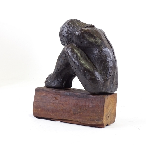 1259 - Clive Fredriksson, bronze patinated composition seated figure on wood plinth, overall height 8.5