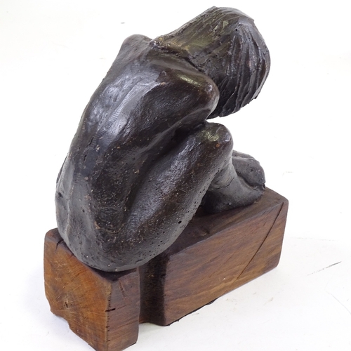 1259 - Clive Fredriksson, bronze patinated composition seated figure on wood plinth, overall height 8.5