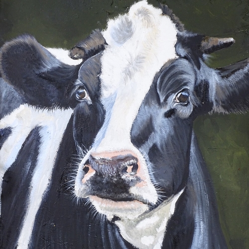 1261 - Clive Fredriksson, oil on canvas, cow in rustic window frame, overall dimensions 30.5