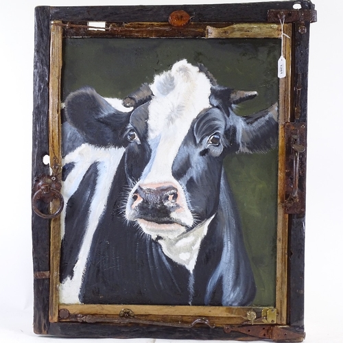 1261 - Clive Fredriksson, oil on canvas, cow in rustic window frame, overall dimensions 30.5