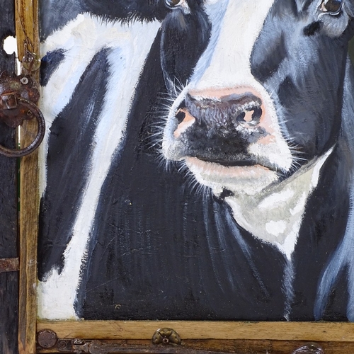 1261 - Clive Fredriksson, oil on canvas, cow in rustic window frame, overall dimensions 30.5