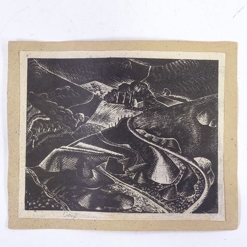 1295 - Circle of Paul Nash, wood-cut print, stylised landscape, inscribed proof, image 5.5