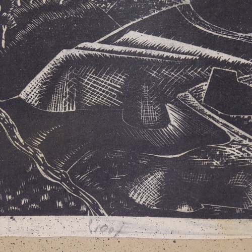 1295 - Circle of Paul Nash, wood-cut print, stylised landscape, inscribed proof, image 5.5