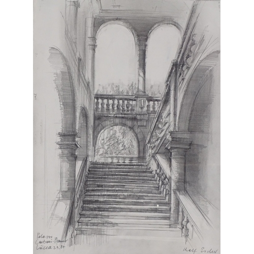 1298 - Rolf Escher (b.1936), pencil drawing, Italian palace interior, signed and dated 1987, 15