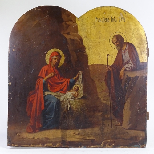 1300 - 18th/19th century Russian School, painted and gilded wood double arch-top icon painted on wood panel... 