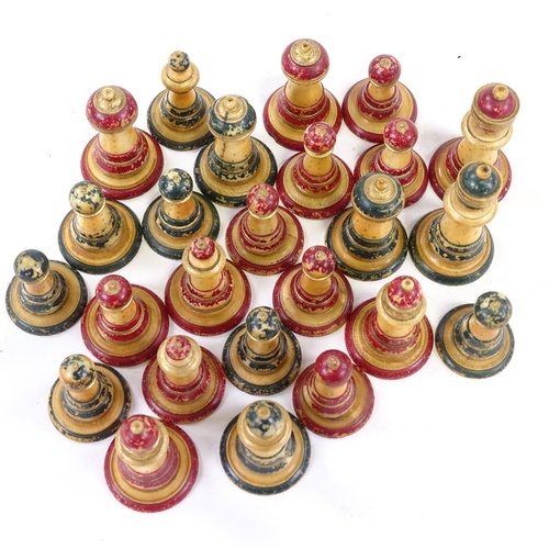 130 - An 19th century Ottoman ivory chess set, in abstract form, tallest 5cm.