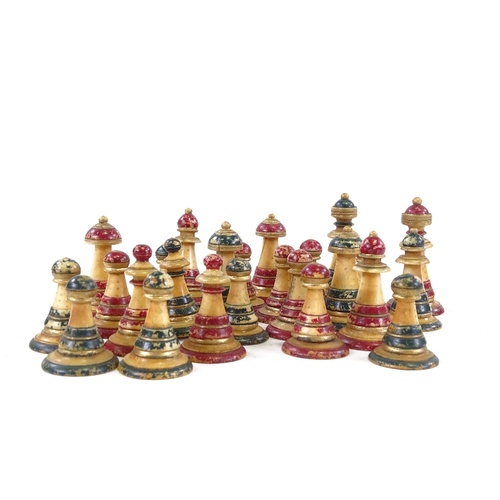 130 - An 19th century Ottoman ivory chess set, in abstract form, tallest 5cm.